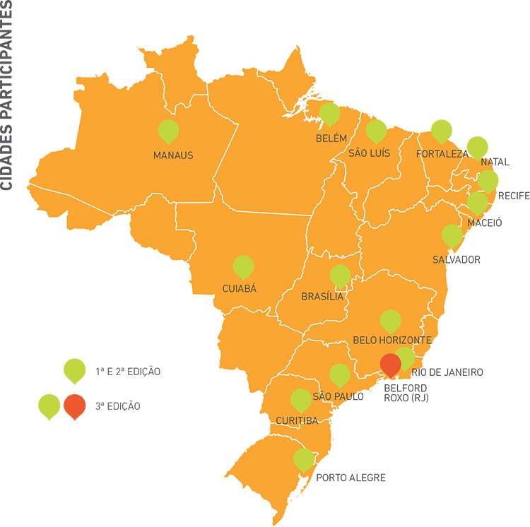 Mapa do Brasil apresenta as cidades participantes do projeto na 1ª e 2ª edição: Manaus, Cuiabá, Brasília, Fortaleza, Natal, Recife, Salvador, Belo Horizonte, Rio de Janeiro, São Paulo, Curitiba, Porto Alegre, Belém, São Luís e Maceió e na 3ª edição: Belford Roxo. O mapa é laranja e possui a legenda: Cidades participantes, divididas em verde e vermelho.