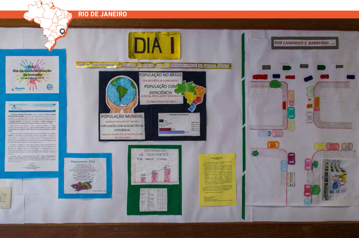 Mural com cartazes mostra trabalhos dos estudantes sobre inclusão e pessoa com deficiência. Acima da imagem, mapa do Brasil com marcação que destaca cidade do Rio de Janeiro.